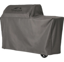 Housse de protection Traeger grise pour barbecue à pellets, matériau résistant aux intempéries.