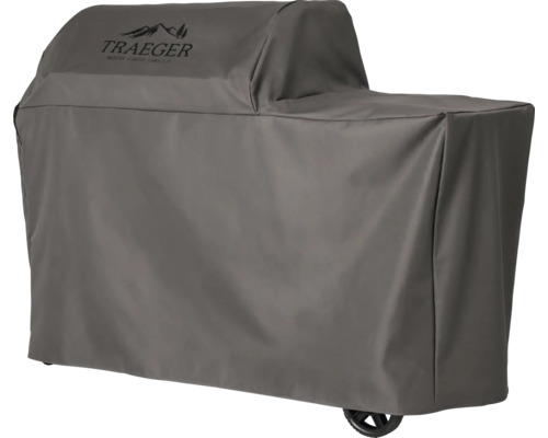 Housse de protection Traeger grise pour barbecue à pellets, matériau résistant aux intempéries.