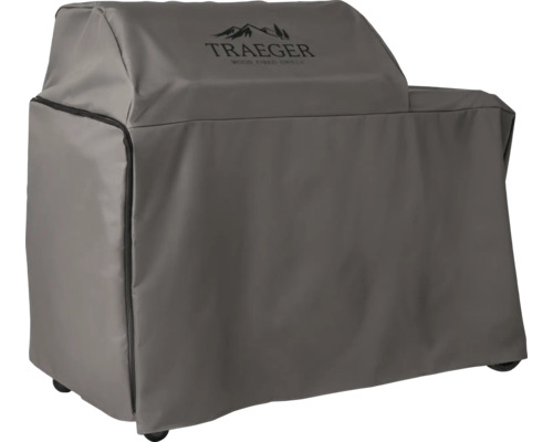 Housse de protection grise pour barbecues à pellets Traeger avec Traeger Logo et fermeture éclair.
