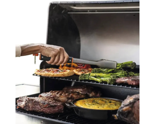 Scène de barbecue avec pizza, légumes et viande sur une grille