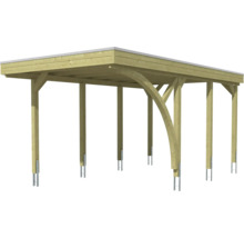Carport aus Holz mit Flachdach und gebogenen Kopfbandstreben.