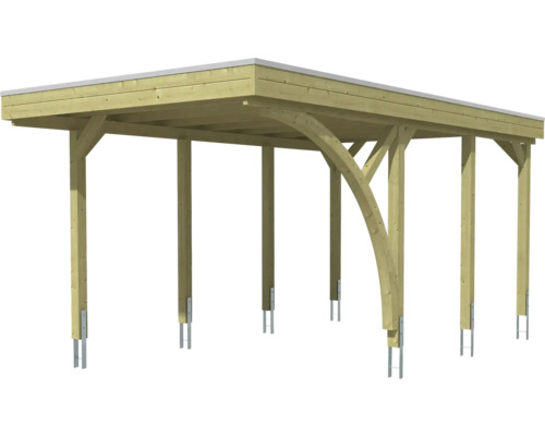 Carport aus Holz mit Flachdach und gebogenen Kopfbandstreben.