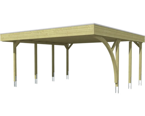 Carport en bois avec toit plat, soutenu par des poteaux avec des renforts courbes pour la stabilité.