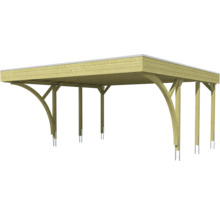 Carport en bois avec toit plat et contrefiches cintrées sur supports de poteaux métalliques.