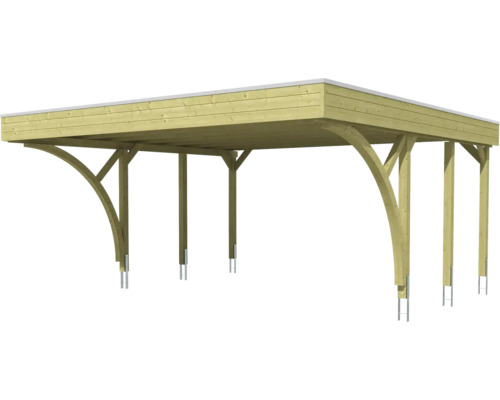 Carport en bois avec toit plat et contrefiches cintrées sur supports de poteaux métalliques.
