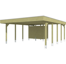 Carport double en bois avec toit plat et remise intégrée ainsi que des poteaux avec des ancrages métalliques.