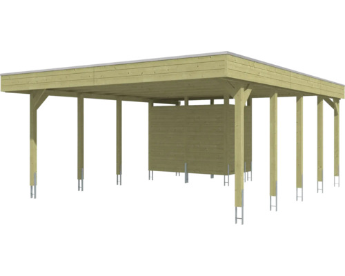 Carport double en bois avec toit plat et remise intégrée ainsi que des poteaux avec des ancrages métalliques.
