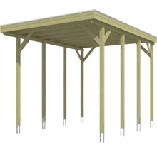 Carport aus Holz mit Flachdach, Querstreben und verzinkten Pfostenträgern.