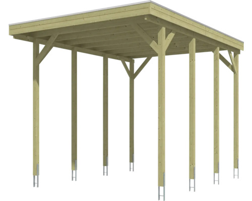Carport aus Holz mit Flachdach, Querstreben und verzinkten Pfostenträgern.