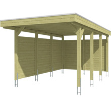 Carport aus Holz mit Flachdach, Seitenwänden und Pfostenankern aus Metall.