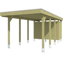 Carport en bois avec remise intégrée, toit plat et ancres de poteaux en métal.