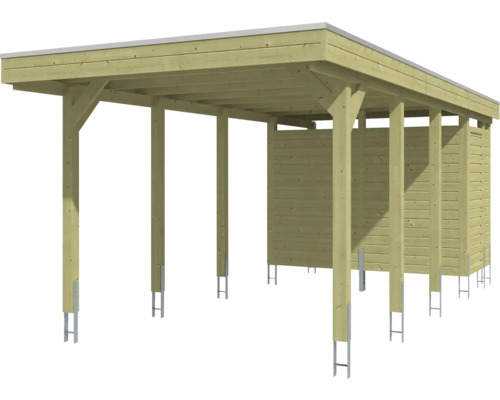 Carport en bois avec remise intégrée, toit plat et ancres de poteaux en métal.