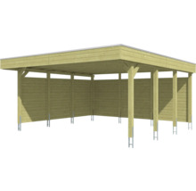 Carport en bois avec toit plat et parois latérales y compris les ancrages de poteaux.
