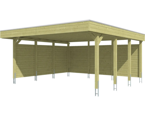 Carport en bois avec toit plat et parois latérales y compris les ancrages de poteaux.
