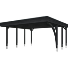 Carport double noir en bois avec toit plat et ancres de poteau.