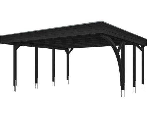 Carport double noir en bois avec toit plat et ancres de poteau.