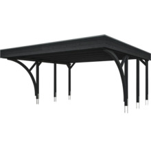 Carport double noir en bois avec toit plat et contrefiches courbes.