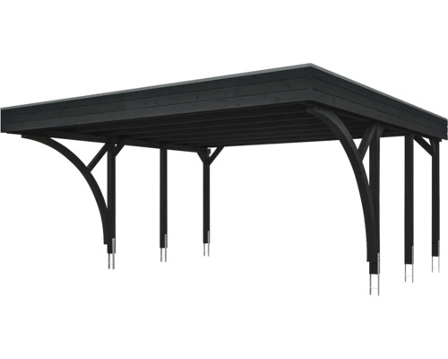Carport double noir en bois avec toit plat et contrefiches courbes.