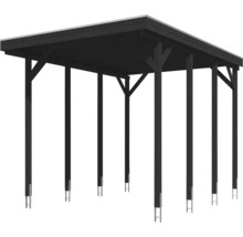 Carport autoportant en bois foncé avec toit plat et ancrages de poteaux.