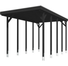 Carport en bois noir avec toit plat et ancrages de poteaux.