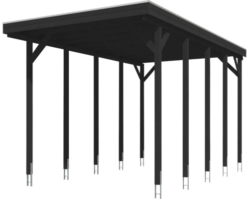 Carport en bois noir avec toit plat et ancrages de poteaux.