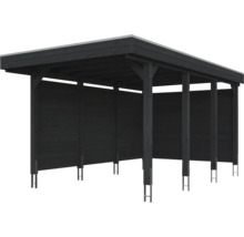 Carport moderne en bois avec toit plat et parois intégrées.
