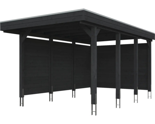 Carport moderne en bois avec toit plat et parois intégrées.