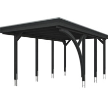 Carport autoportant en bois foncé avec toit plat et ancrages de poteaux en métal.