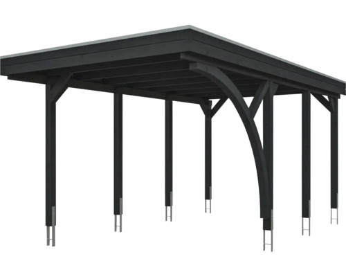 Carport autoportant en bois foncé avec toit plat et ancrages de poteaux en métal.
