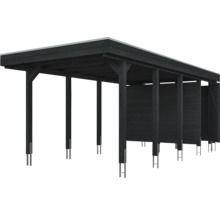 Carport en bois noir avec toit plat et parois latérales.
