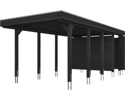 Carport en bois noir avec toit plat et parois latérales.
