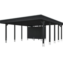 Carport moderne en bois noir avec toit plat et remise intégrée.
