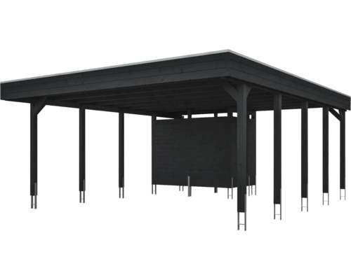 Carport moderne en bois noir avec toit plat et remise intégrée.