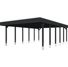 Carport double en bois noir avec toit plat et supports de poteaux.