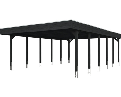 Carport double en bois noir avec toit plat et supports de poteaux.