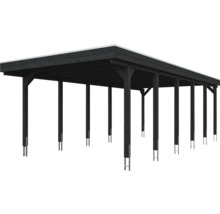 Carport double en bois noir avec toit plat et ancrages de poteaux métalliques