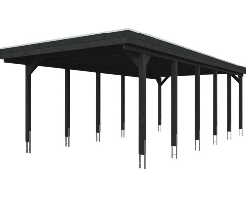 Carport double en bois noir avec toit plat et ancrages de poteaux métalliques
