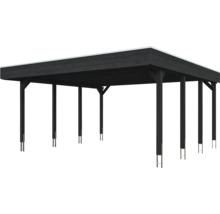 Carport double en bois noir avec toit plat et poteaux robustes sur ancres métalliques.