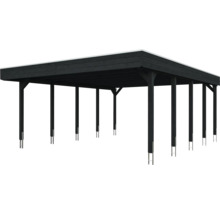 Carport double en bois noir avec toit plat.