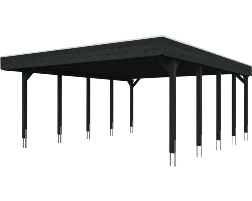 Carport double en bois noir avec toit plat.
