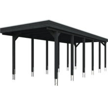 Carport en bois avec toit plat et poteaux de soutien avec ancrages métalliques.