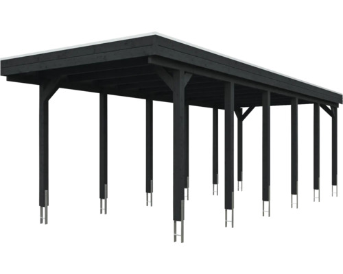 Carport en bois avec toit plat et poteaux de soutien avec ancrages métalliques.