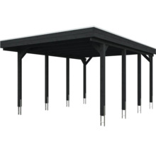 Carport noir en bois avec toit plat et ancrages de poteaux en métal.