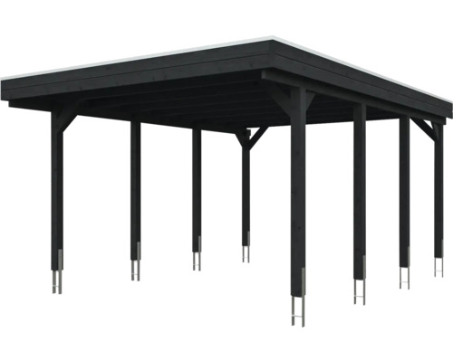 Carport noir en bois avec toit plat et ancrages de poteaux en métal.