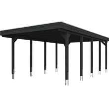 Carport en bois foncé avec toit plat et poteaux avec ancres métalliques.