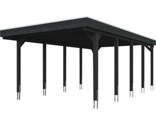 Carport en bois foncé avec toit plat et poteaux avec ancres métalliques.