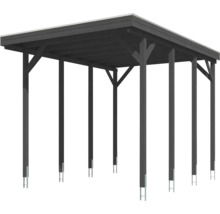 Carport individuel autoportant en bois avec toit plat et ancrages de poteaux en coloris anthracite.