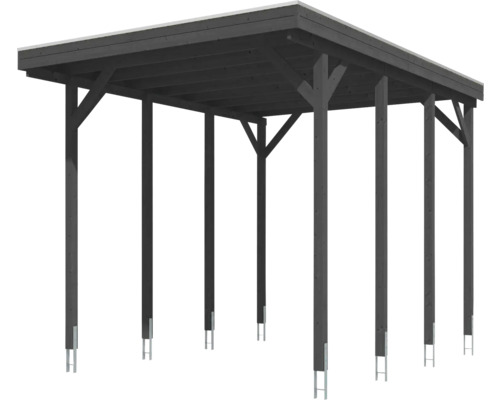 Carport individuel autoportant en bois avec toit plat et ancrages de poteaux en coloris anthracite.