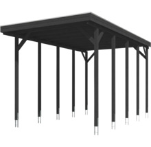 Carport en bois gris foncé avec toit plat, poteaux en bois massif et ancres en H en métal pour la fixation.