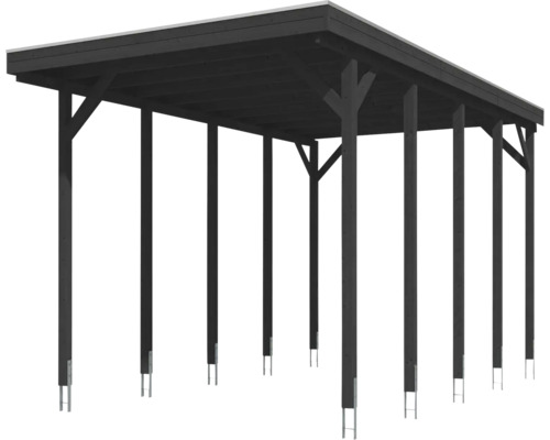 Carport en bois gris foncé avec toit plat, poteaux en bois massif et ancres en H en métal pour la fixation.